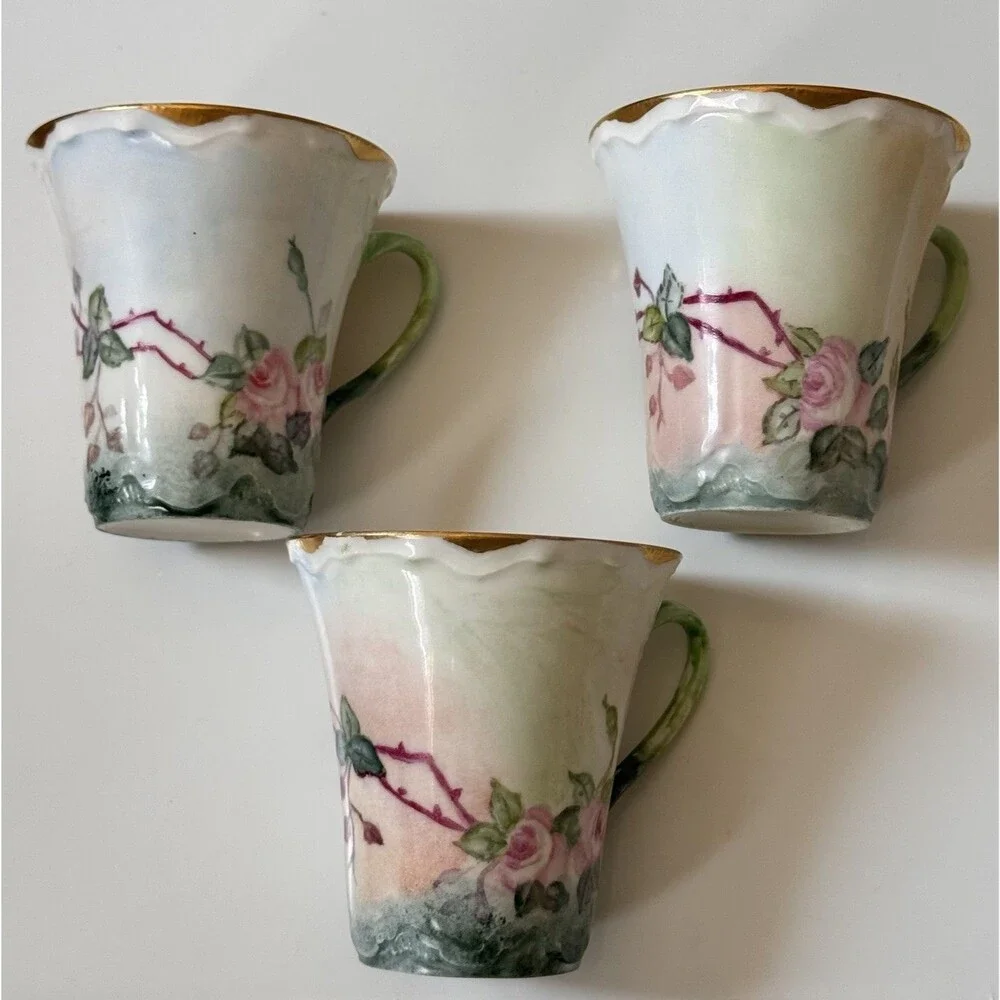 Antique Haviland Limoges Green Beauty Rose Chocolate Pot Gold France 13 Pieces